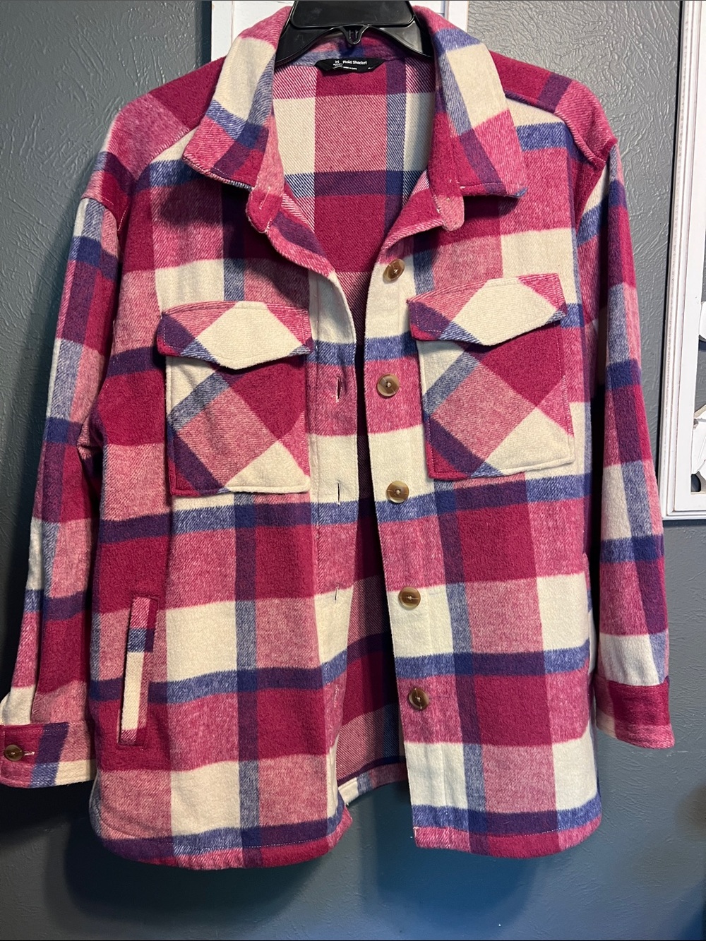 Pink & Cream Plaid Utility Jacket with Button Flap Pockets